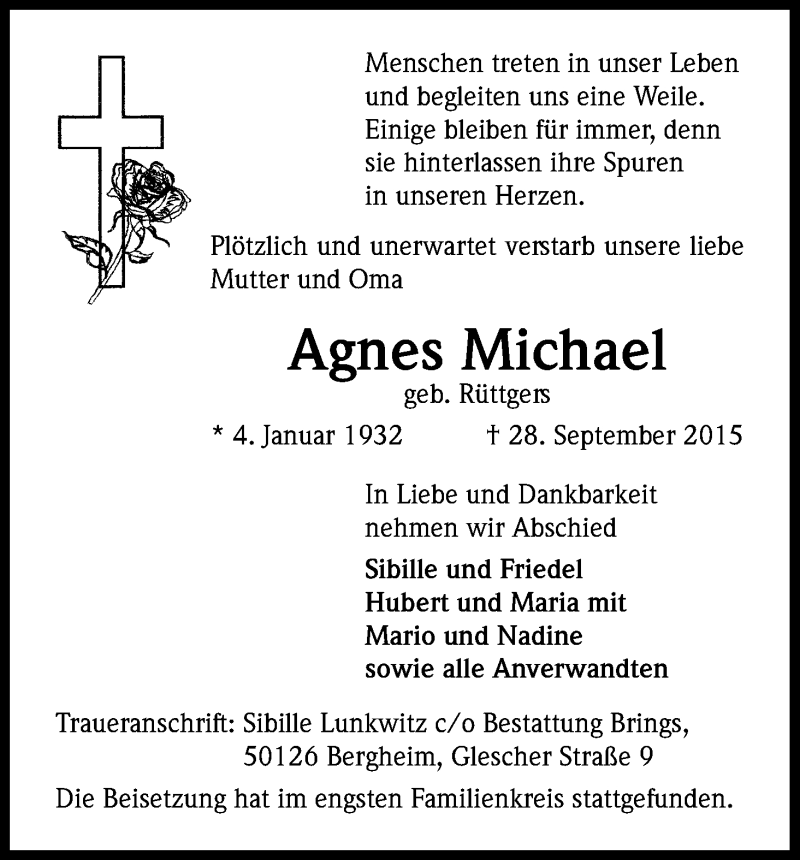  Traueranzeige für Agnes Michael vom 10.10.2015 aus Kölner Stadt-Anzeiger / Kölnische Rundschau / Express