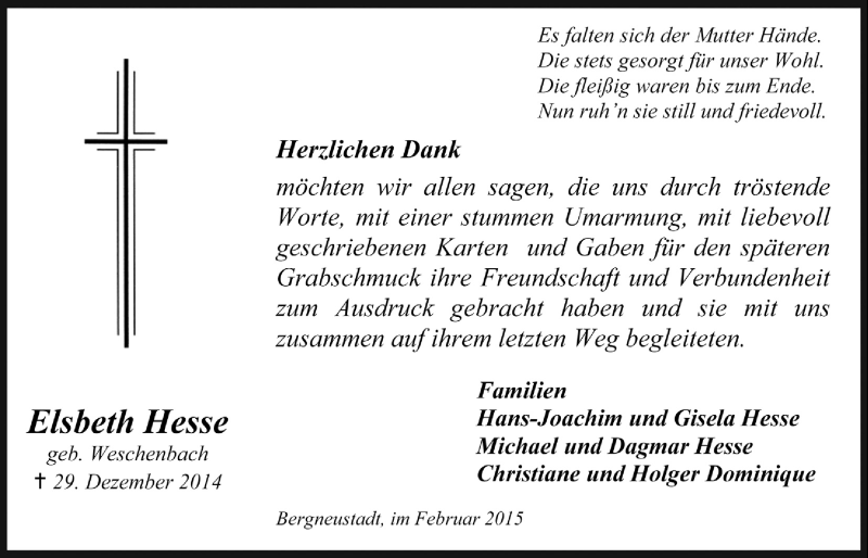  Traueranzeige für Elsbeth Hesse vom 25.02.2015 aus  Anzeigen Echo 