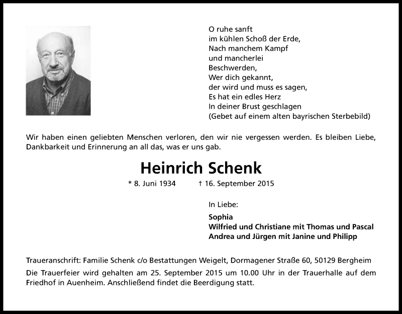  Traueranzeige für Heinrich Schenk vom 22.09.2015 aus Kölner Stadt-Anzeiger / Kölnische Rundschau / Express