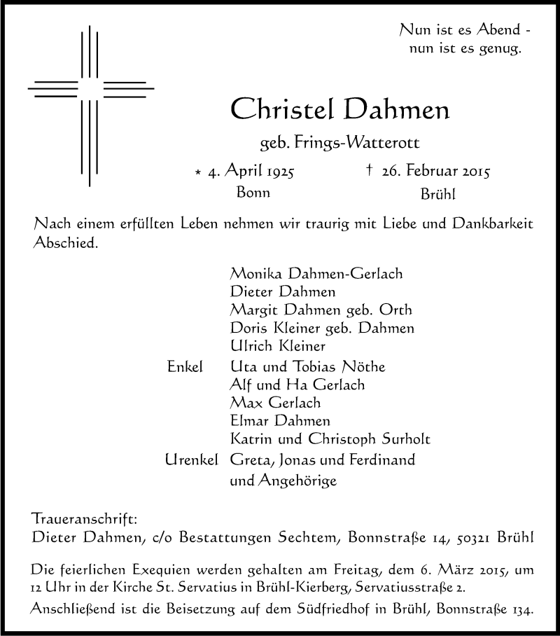  Traueranzeige für Christel Dahmen vom 04.03.2015 aus Kölner Stadt-Anzeiger / Kölnische Rundschau / Express
