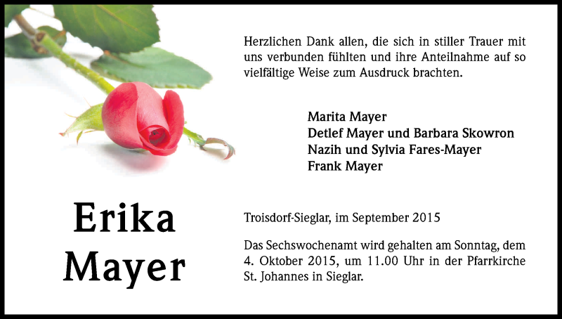  Traueranzeige für Erika Mayer vom 19.09.2015 aus Kölner Stadt-Anzeiger / Kölnische Rundschau / Express