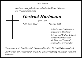 Anzeige von Gertrud Hartmann von Kölner Stadt-Anzeiger / Kölnische Rundschau / Express
