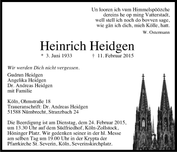 Anzeige von Heinrich Heidgen von Kölner Stadt-Anzeiger / Kölnische Rundschau / Express