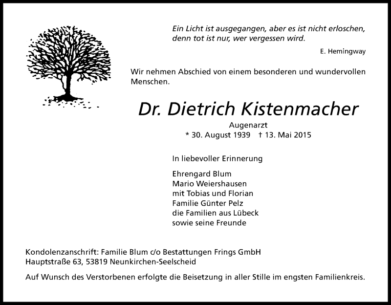  Traueranzeige für Dietrich Kistenmacher vom 23.05.2015 aus Kölner Stadt-Anzeiger / Kölnische Rundschau / Express
