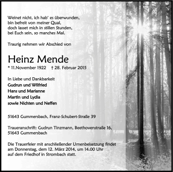 Anzeige von Heinz Mende von Kölner Stadt-Anzeiger / Kölnische Rundschau / Express
