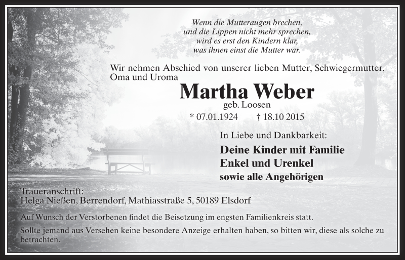  Traueranzeige für Martha Weber vom 21.10.2015 aus  Werbepost 