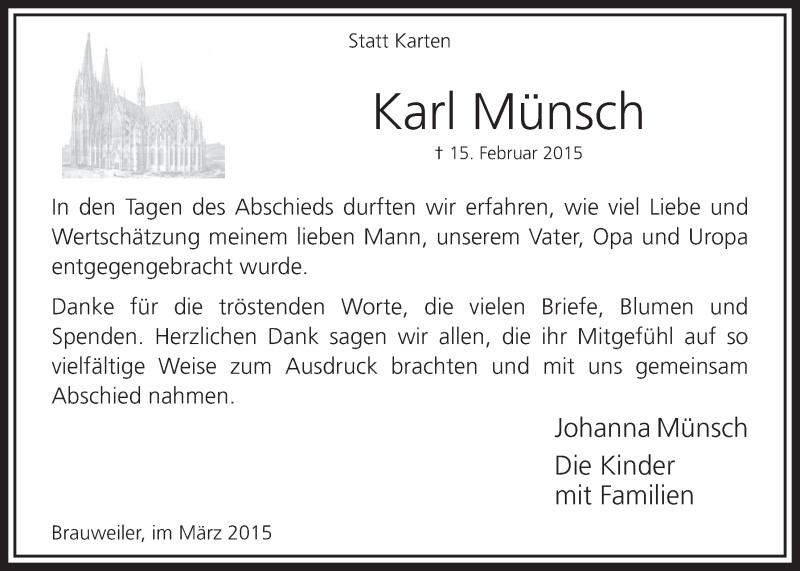 Traueranzeige für Karl Münsch vom 21.03.2015 aus  Sonntags-Post 