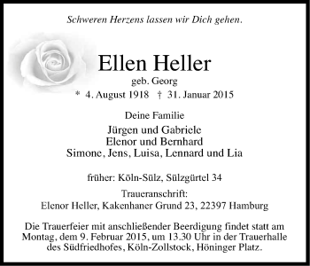 Anzeige von Ellen Heller von Kölner Stadt-Anzeiger / Kölnische Rundschau / Express