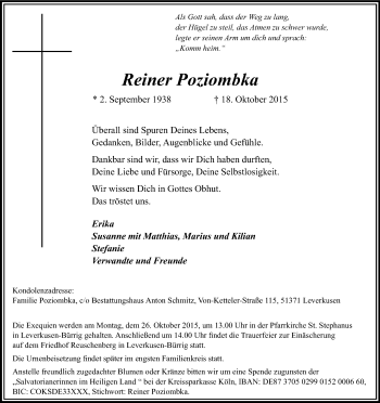 Anzeige von Reiner Poziombka von Kölner Stadt-Anzeiger / Kölnische Rundschau / Express