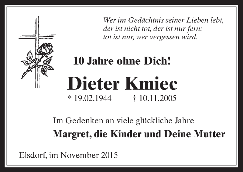 Traueranzeige für Dieter Kmiec vom 04.11.2015 aus  Werbepost 
