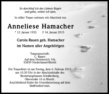 Anzeige von Anneliese Hamacher von Kölner Stadt-Anzeiger / Kölnische Rundschau / Express