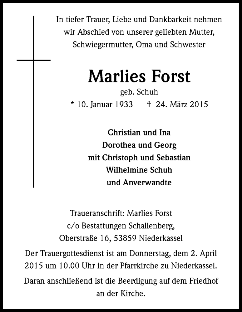  Traueranzeige für Marlies Forst vom 28.03.2015 aus Kölner Stadt-Anzeiger / Kölnische Rundschau / Express