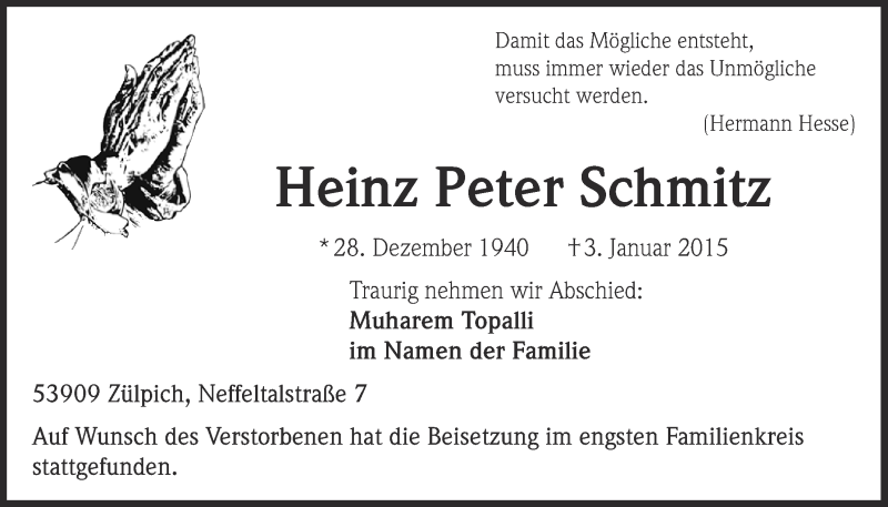  Traueranzeige für Heinz Peter  Schmitz vom 18.01.2015 aus  Blickpunkt Euskirchen 