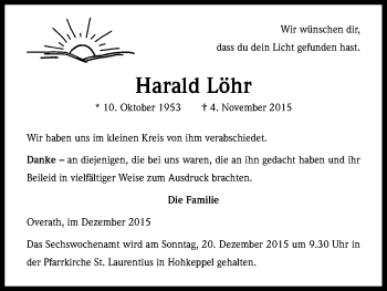 Anzeige von Harald Löhr von Kölner Stadt-Anzeiger / Kölnische Rundschau / Express