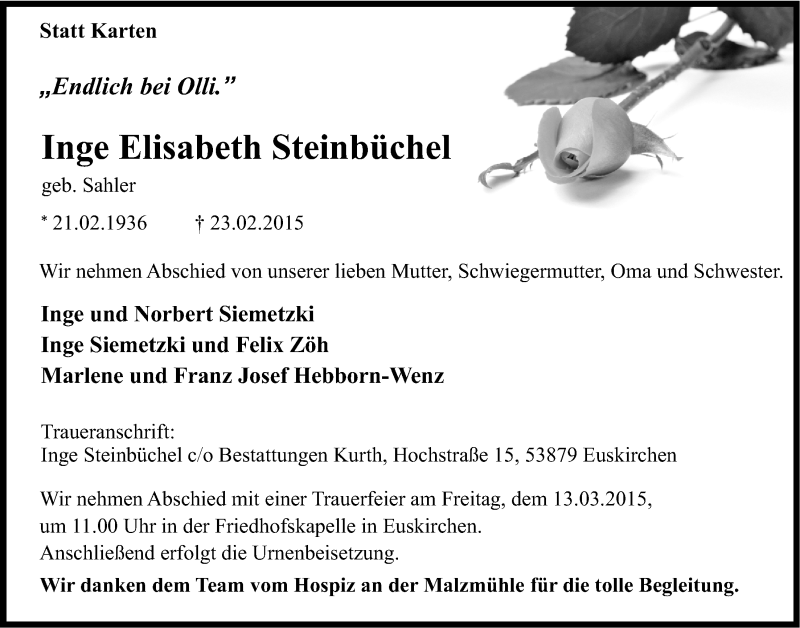  Traueranzeige für Inge Elisabeth Steinbüchel vom 08.03.2015 aus  Blickpunkt Euskirchen 