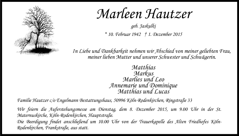  Traueranzeige für Marleen Hautzer vom 05.12.2015 aus Kölner Stadt-Anzeiger / Kölnische Rundschau / Express