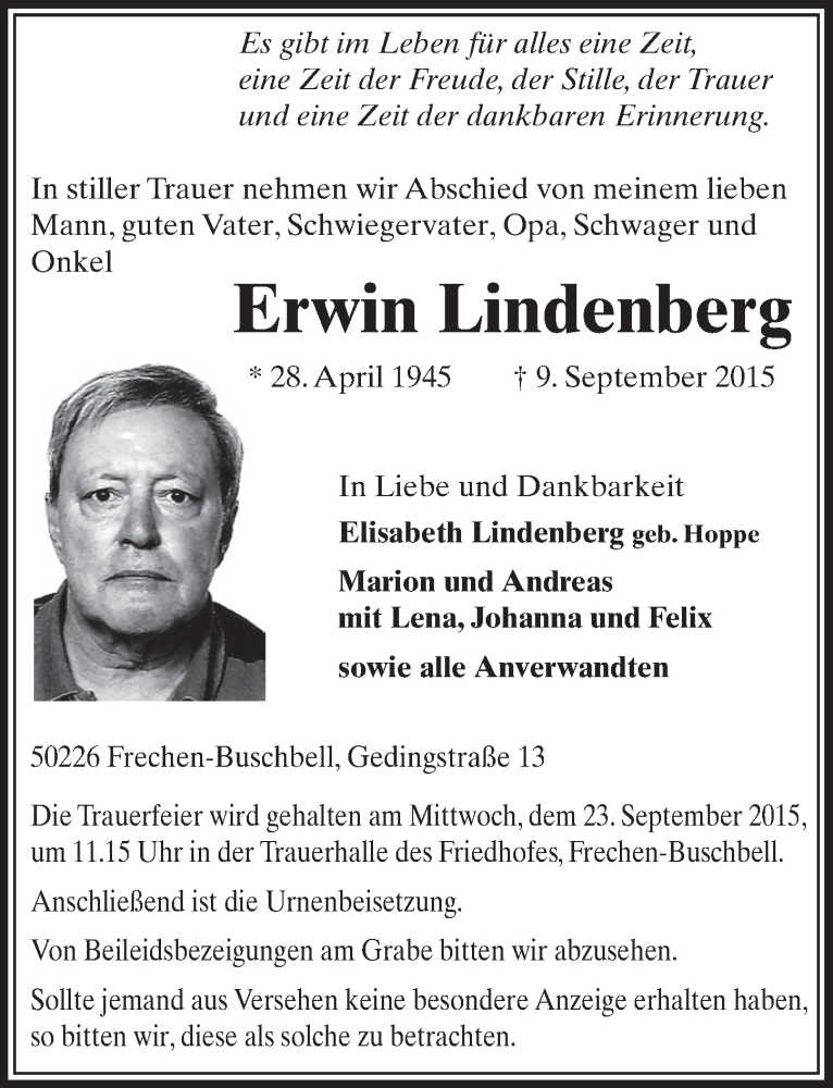 Traueranzeige für Erwin Lindenberg vom 19.09.2015 aus  Sonntags-Post 