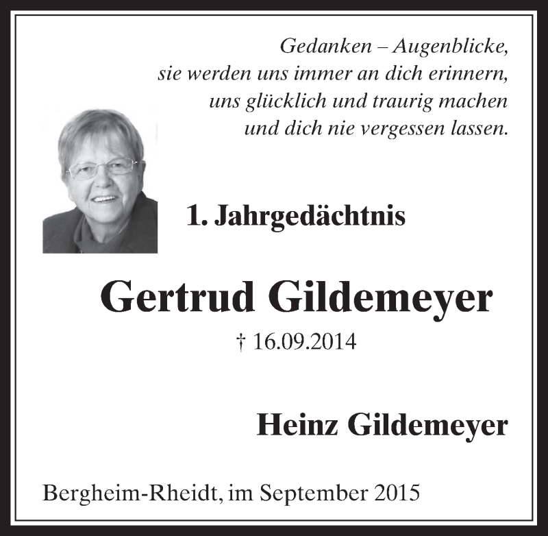  Traueranzeige für Gertrud Gildemeyer vom 16.09.2015 aus  Werbepost 