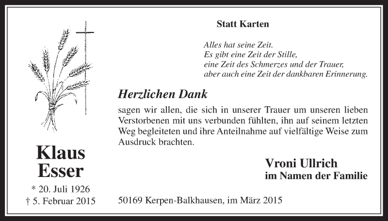  Traueranzeige für Klaus Esser vom 04.03.2015 aus  Werbepost 