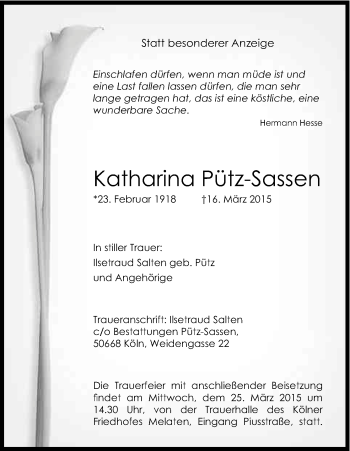Anzeige von Katharina Pütz-Sassen von Kölner Stadt-Anzeiger / Kölnische Rundschau / Express