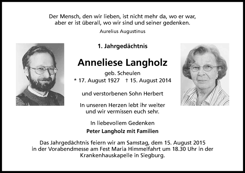  Traueranzeige für Anneliese Langholz vom 13.08.2015 aus Kölner Stadt-Anzeiger / Kölnische Rundschau / Express