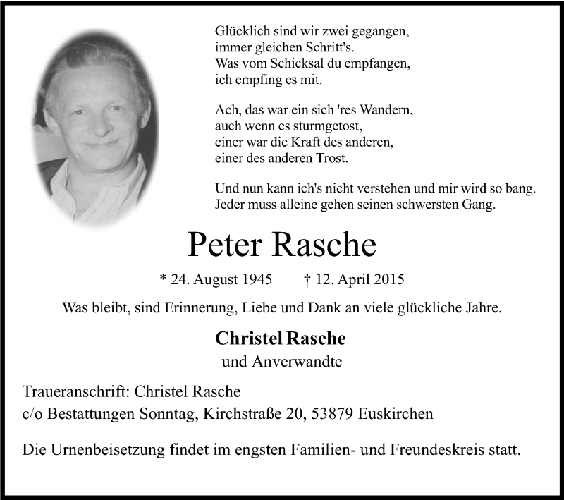  Traueranzeige für Peter Rasche vom 18.04.2015 aus Kölner Stadt-Anzeiger / Kölnische Rundschau / Express