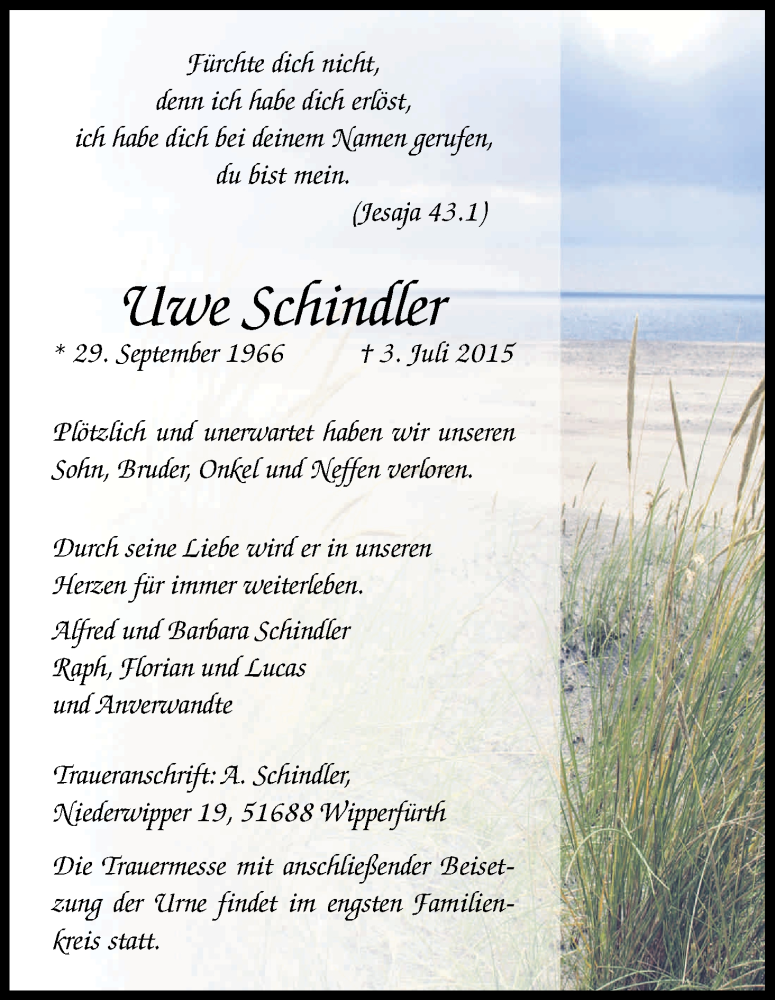  Traueranzeige für Uwe Schindler vom 09.07.2015 aus Kölner Stadt-Anzeiger / Kölnische Rundschau / Express