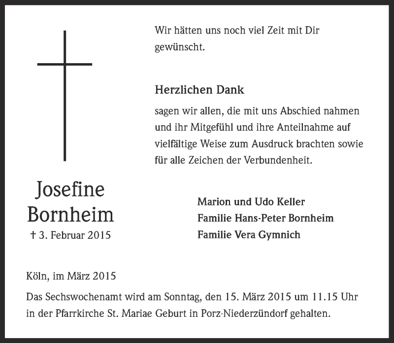  Traueranzeige für Josefine Bornheim vom 04.03.2015 aus  Kölner Wochenspiegel 