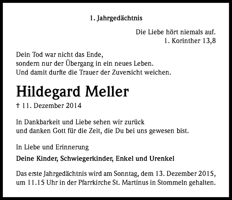  Traueranzeige für Hildegard Meller vom 11.12.2015 aus Kölner Stadt-Anzeiger / Kölnische Rundschau / Express