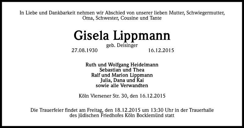  Traueranzeige für Gisela Lippmann vom 18.12.2015 aus Kölner Stadt-Anzeiger / Kölnische Rundschau / Express