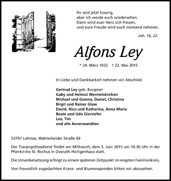 Anzeige von Alfons Ley von Kölner Stadt-Anzeiger / Kölnische Rundschau / Express