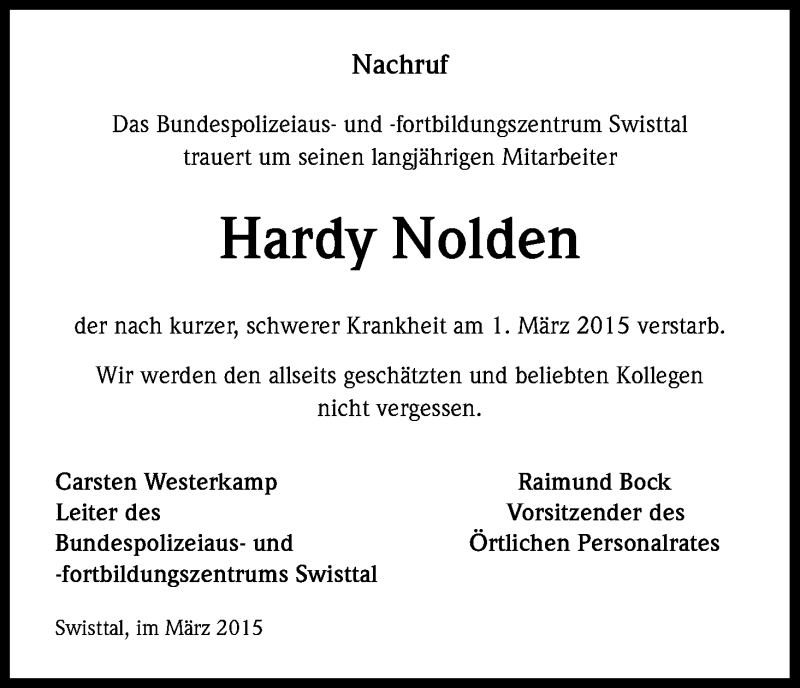  Traueranzeige für Hardy Nolden vom 10.03.2015 aus Kölner Stadt-Anzeiger / Kölnische Rundschau / Express