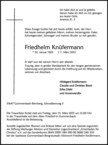 Anzeige von Friedhelm Knüfermann von Kölner Stadt-Anzeiger / Kölnische Rundschau / Express