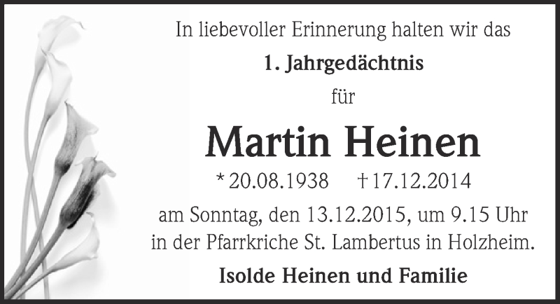  Traueranzeige für Martin Heinen vom 06.12.2015 aus  Blickpunkt Euskirchen 