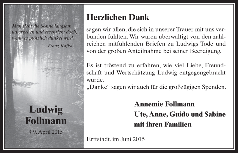  Traueranzeige für Ludwig Follmann vom 10.06.2015 aus  Werbepost 