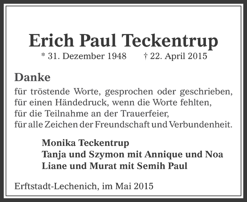  Traueranzeige für Erich Paul Teckentrup vom 27.05.2015 aus  Werbepost 