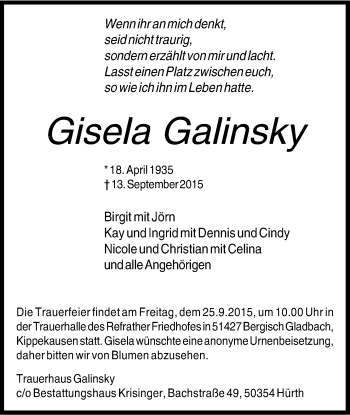 Anzeige von Gisela Galinsky von Kölner Stadt-Anzeiger / Kölnische Rundschau / Express