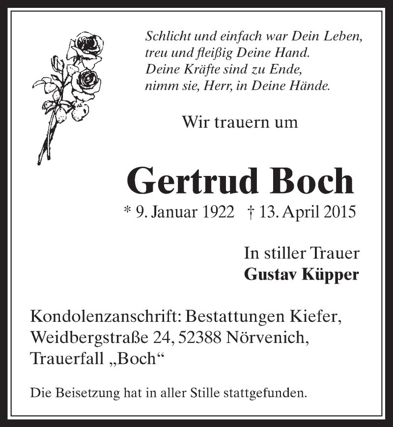  Traueranzeige für Gertrud Boch vom 22.04.2015 aus  Werbepost 