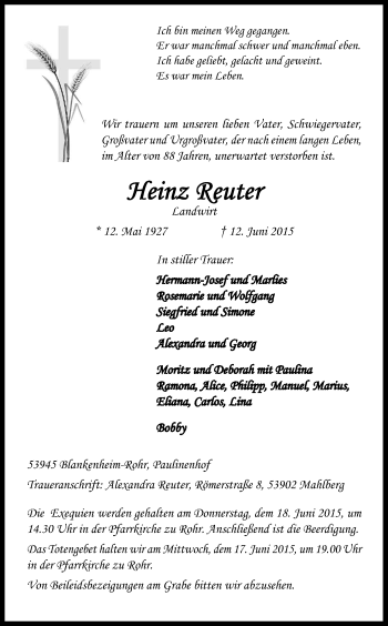 Anzeige von Heinz Reuter von Kölner Stadt-Anzeiger / Kölnische Rundschau / Express