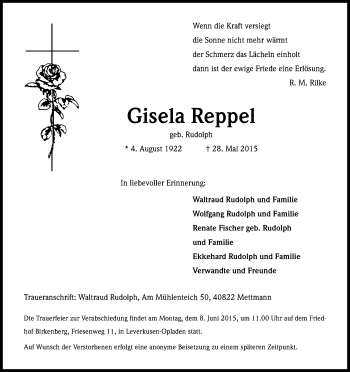 Anzeige von Gisela Reppel von Kölner Stadt-Anzeiger / Kölnische Rundschau / Express