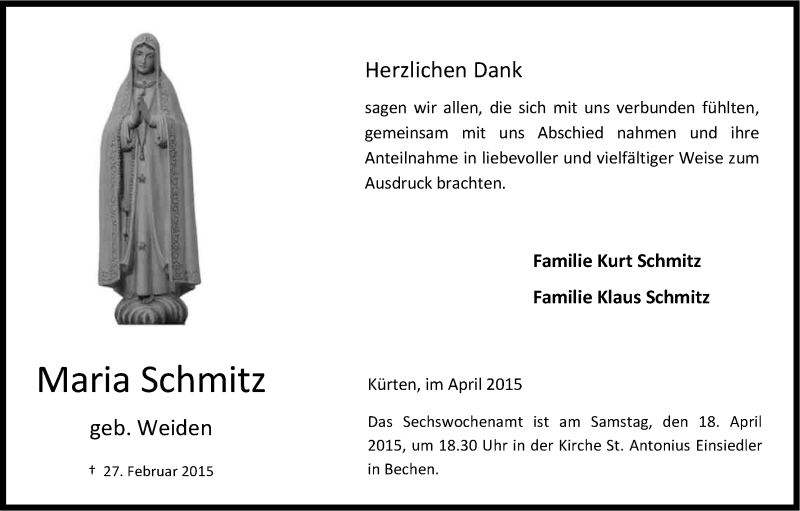  Traueranzeige für Maria Schmitz vom 11.04.2015 aus Kölner Stadt-Anzeiger / Kölnische Rundschau / Express
