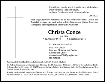 Anzeige von Christa Conze von Kölner Stadt-Anzeiger / Kölnische Rundschau / Express