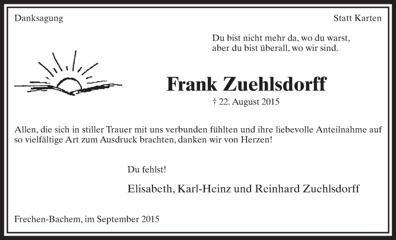  Traueranzeige für Frank Zuehlsdorff vom 26.09.2015 aus  Sonntags-Post 