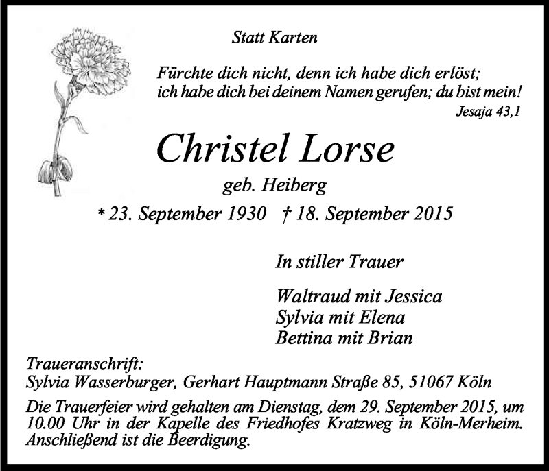  Traueranzeige für Christel Lorse vom 26.09.2015 aus Kölner Stadt-Anzeiger / Kölnische Rundschau / Express