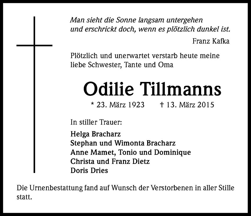  Traueranzeige für Odilie Tillmanns vom 21.03.2015 aus Kölner Stadt-Anzeiger / Kölnische Rundschau / Express