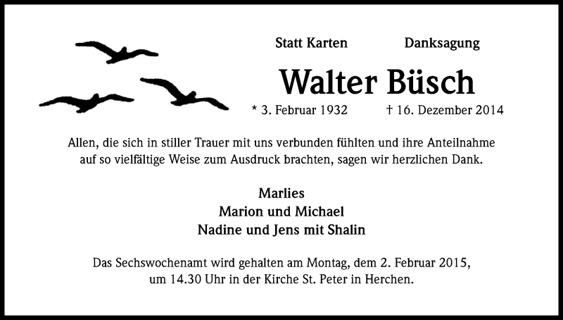 Traueranzeige für Walter Büsch vom 24.01.2015 aus Kölner Stadt-Anzeiger / Kölnische Rundschau / Express