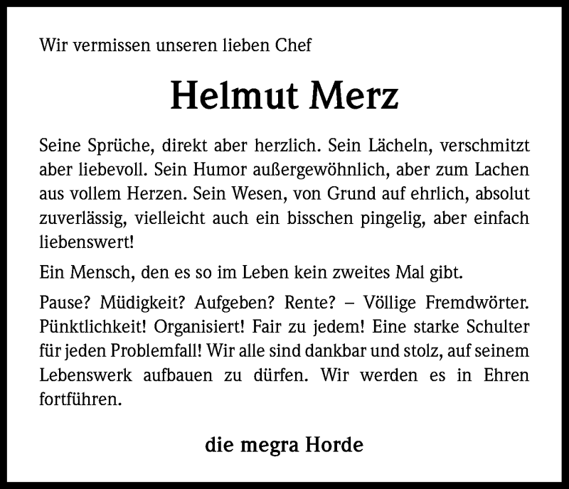  Traueranzeige für Helmut Merz vom 06.05.2015 aus Kölner Stadt-Anzeiger / Kölnische Rundschau / Express