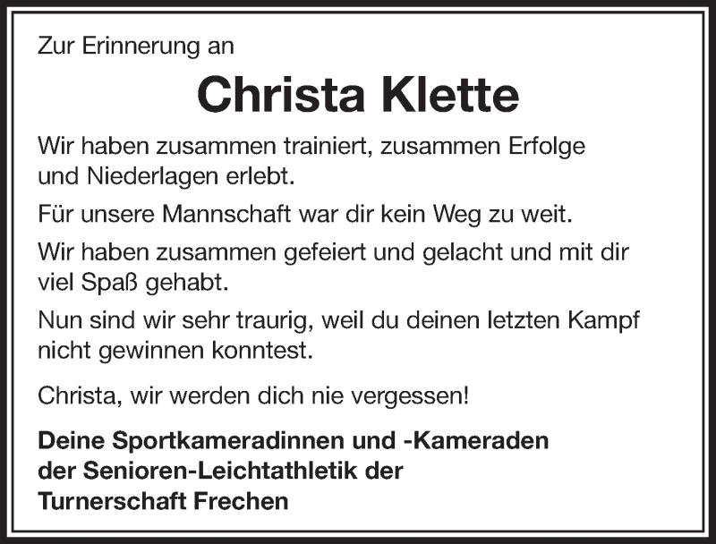  Traueranzeige für Christa Klette vom 22.08.2015 aus  Sonntags-Post 