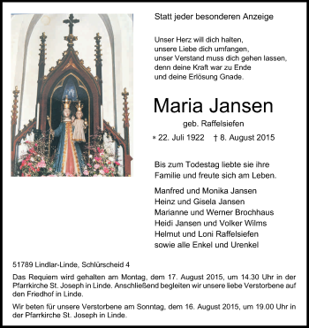 Anzeige von Maria Jansen von Kölner Stadt-Anzeiger / Kölnische Rundschau / Express