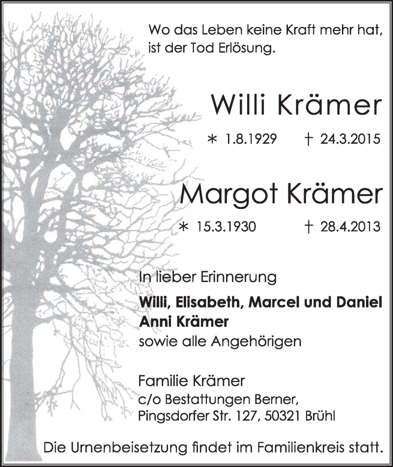  Traueranzeige für Willi und Margot Krämer vom 01.04.2015 aus  Schlossbote/Werbekurier 